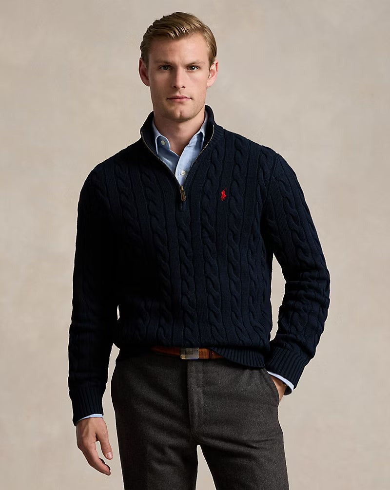 Cable-Knit Cotton Quarter-Zip Jumper — men's quarter-zip jumpers, back view