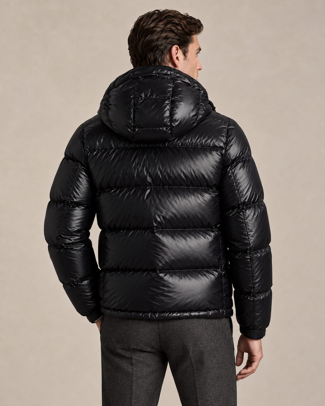 Lacquered-Shell Down Jacket — men's down jackets, side view