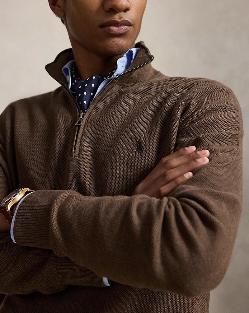 Mesh-Knit Cotton Quarter-Zip Jumper — men's quarter-zip jumpers, styled