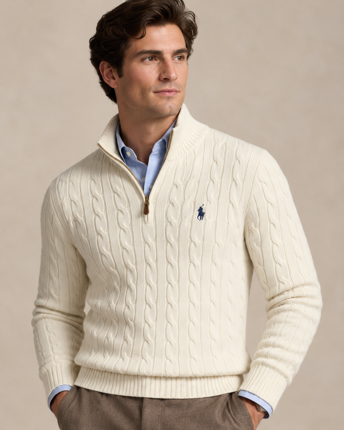 Cable-Knit Cotton Quarter-Zip Jumper — men's quarter-zip jumpers, back view