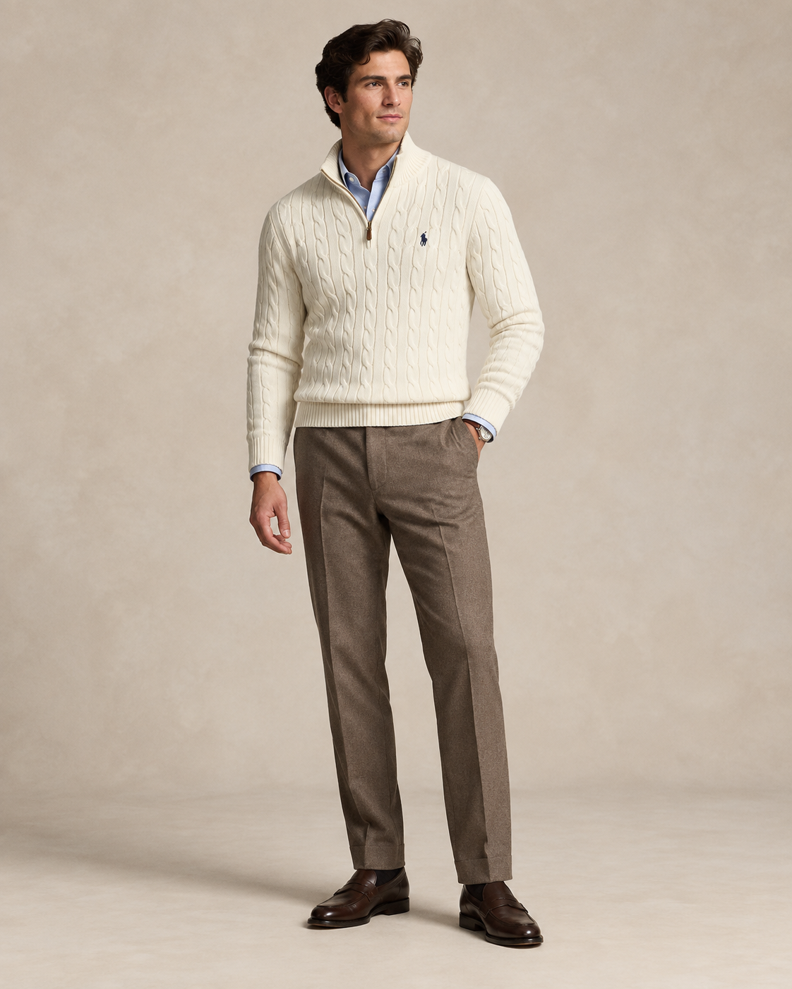 Cable-Knit Cotton Quarter-Zip Jumper — men's quarter-zip jumpers, side view