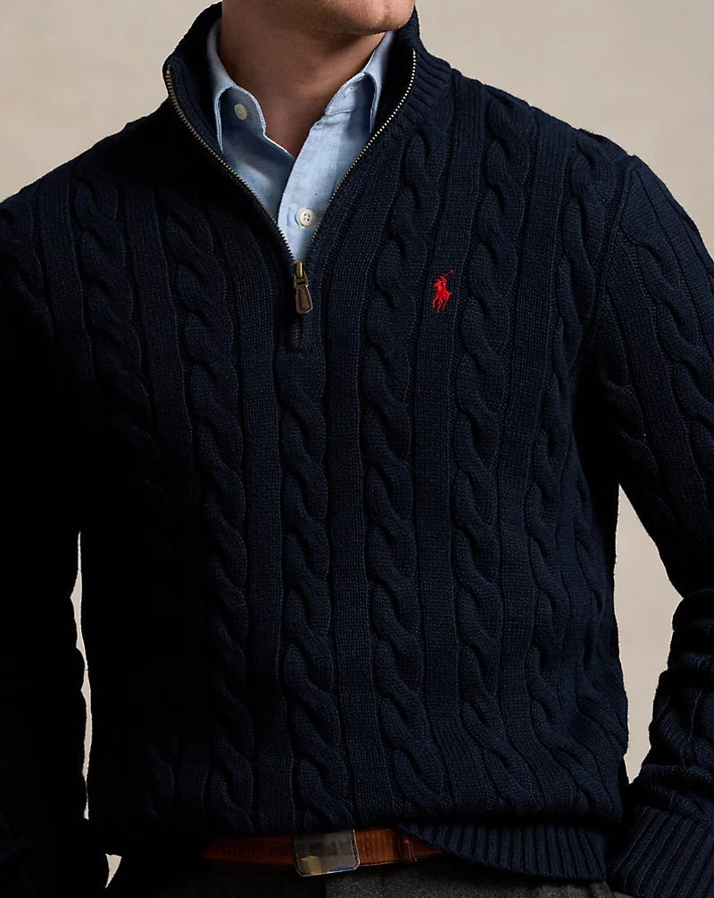 Cable-Knit Cotton Quarter-Zip Jumper — men's quarter-zip jumpers, styled