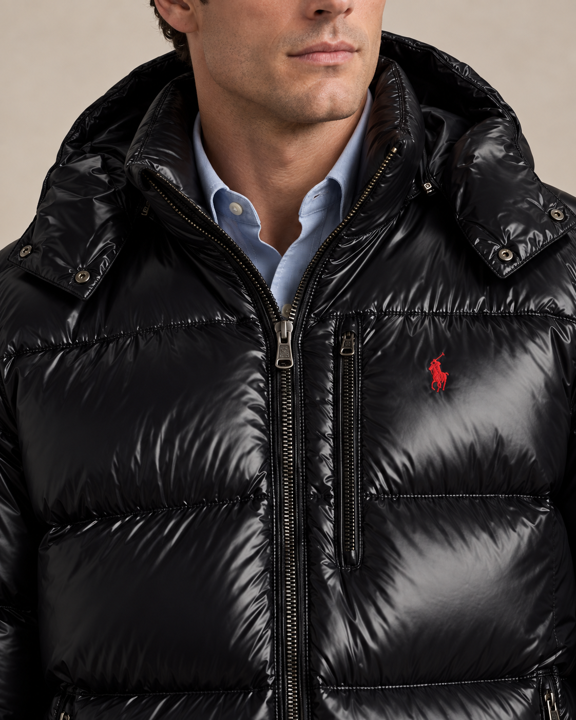 Lacquered-Shell Down Jacket — men's down jackets, detail